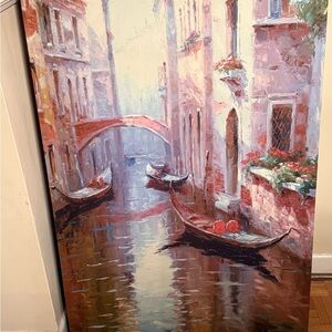 Venetian Canal Oil-Style Wall Art Print in Pink and Red Tones